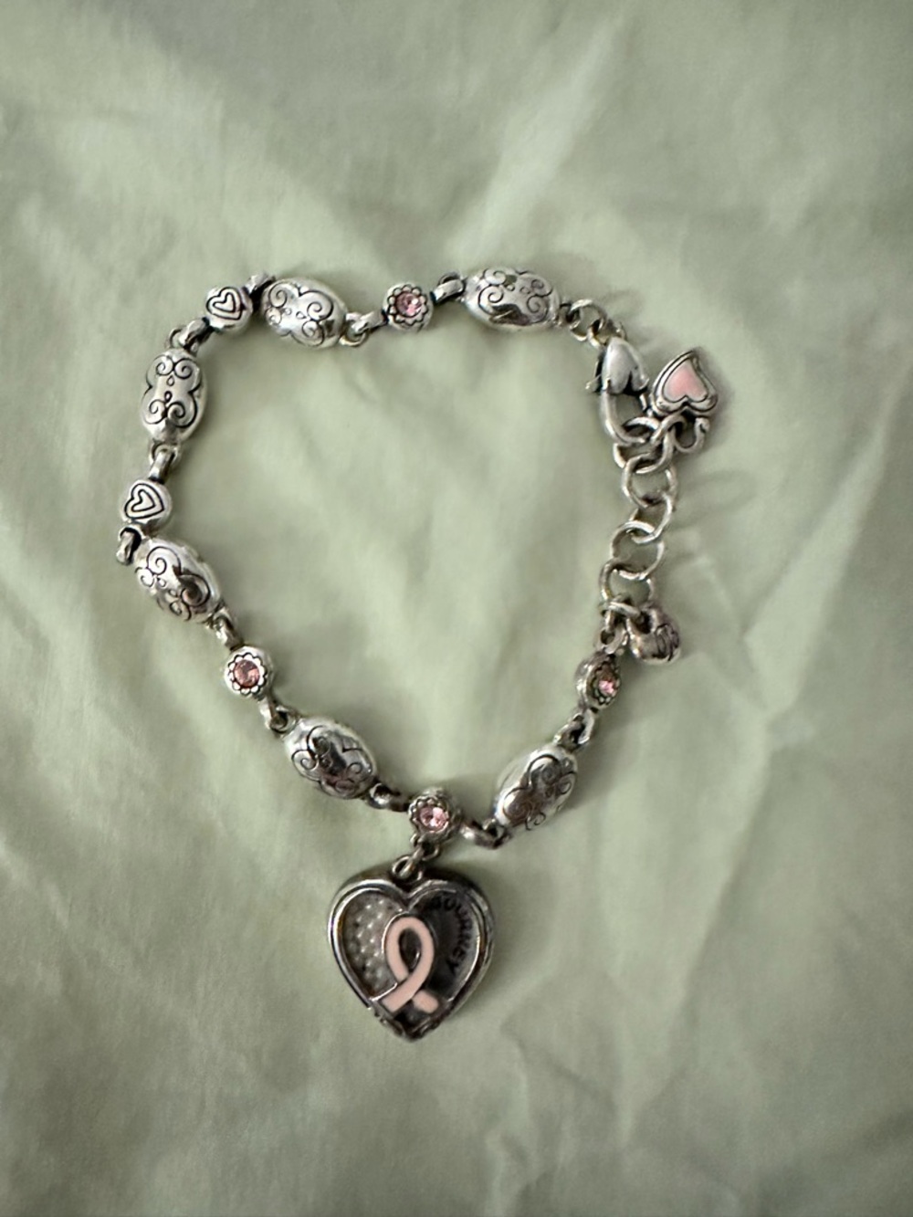 Brighton Silver Tone Bracelet with Pink Ribbon Heart Charm